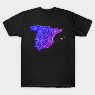 Colorful mandala art map of Spain with text in blue and violet T-Shirt